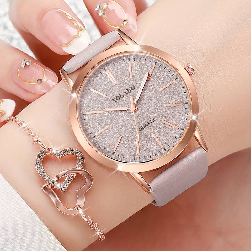 6PCS/SET WOMEN’S WATCH CASUAL SHINY QUARTZ WATCH ANALOG PU LEATHER WRIST WATCH & HEART JEWELRY SET, GIFT FOR MOM HER