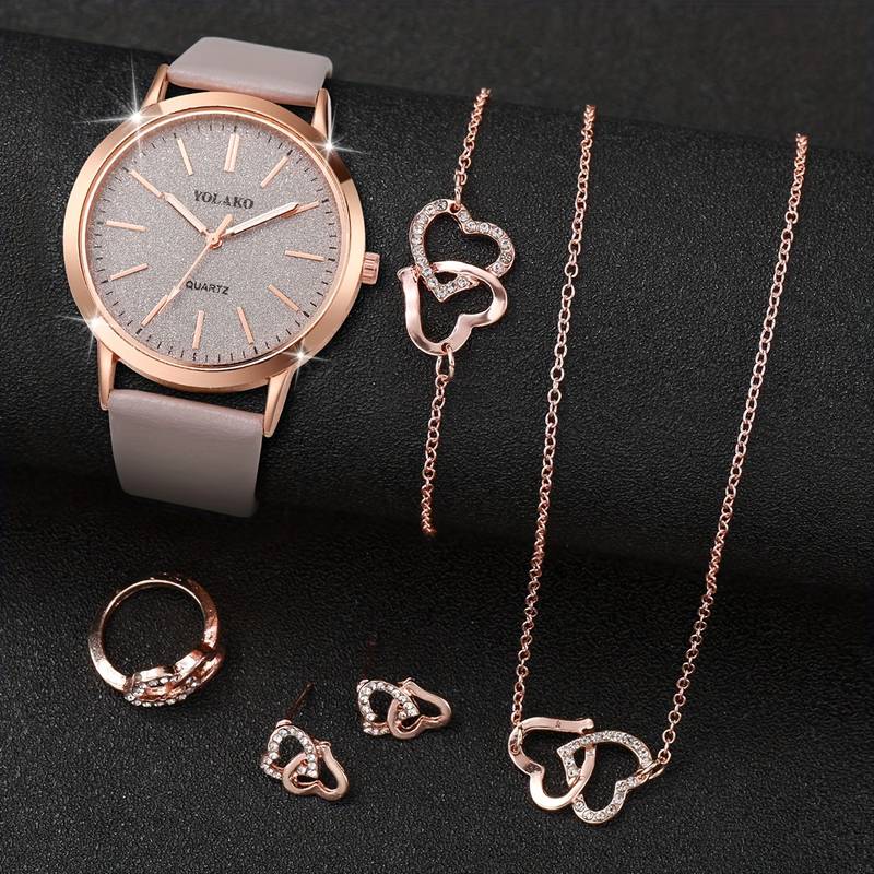 6PCS/SET WOMEN’S WATCH CASUAL SHINY QUARTZ WATCH ANALOG PU LEATHER WRIST WATCH & HEART JEWELRY SET, GIFT FOR MOM HER