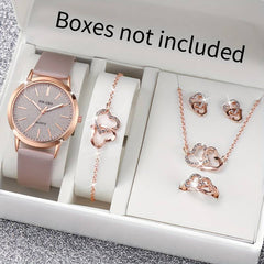 6PCS/SET WOMEN’S WATCH CASUAL SHINY QUARTZ WATCH ANALOG PU LEATHER WRIST WATCH & HEART JEWELRY SET, GIFT FOR MOM HER