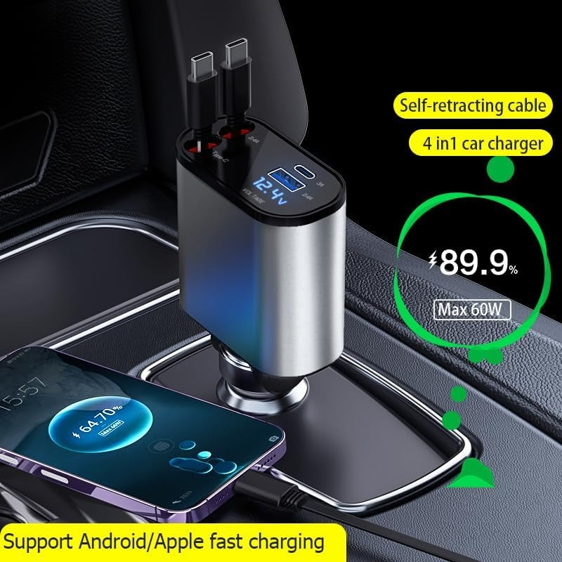4-IN-1 RETRACTABLE CAR CHARGER WITH VOLTAGE DISPLAY