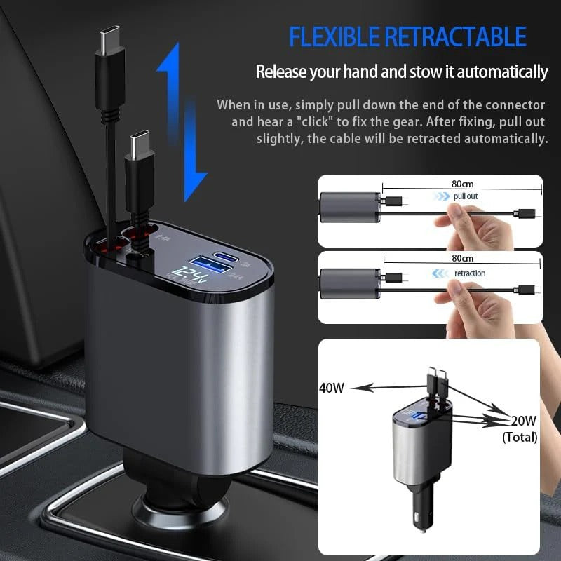 4-IN-1 RETRACTABLE CAR CHARGER WITH VOLTAGE DISPLAY