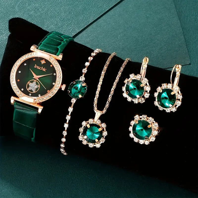 6PCS/SET WOMEN’S WATCH CASUAL SHINY QUARTZ WATCH ANALOG PU LEATHER WRIST WATCH & HEART JEWELRY SET, GIFT FOR MOM HER