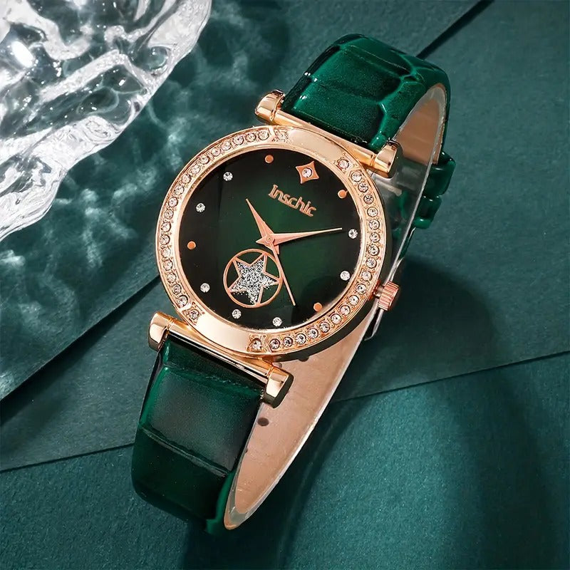6PCS/SET WOMEN’S WATCH CASUAL SHINY QUARTZ WATCH ANALOG PU LEATHER WRIST WATCH & HEART JEWELRY SET, GIFT FOR MOM HER