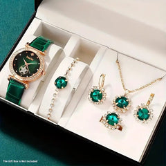 6PCS/SET WOMEN’S WATCH CASUAL SHINY QUARTZ WATCH ANALOG PU LEATHER WRIST WATCH & HEART JEWELRY SET, GIFT FOR MOM HER