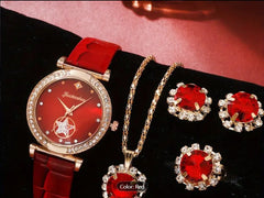 6PCS/SET WOMEN’S WATCH CASUAL SHINY QUARTZ WATCH ANALOG PU LEATHER WRIST WATCH & HEART JEWELRY SET, GIFT FOR MOM HER