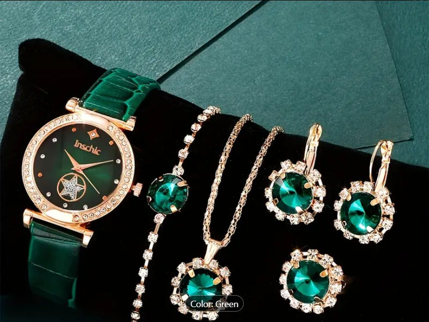 6PCS/SET WOMEN’S WATCH CASUAL SHINY QUARTZ WATCH ANALOG PU LEATHER WRIST WATCH & HEART JEWELRY SET, GIFT FOR MOM HER